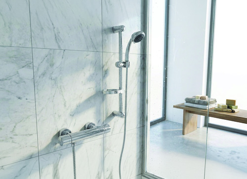Ensemble barre de douche Chromé, douchette 3 jets anticalcaire, barre 63 cm, flexible 2 m